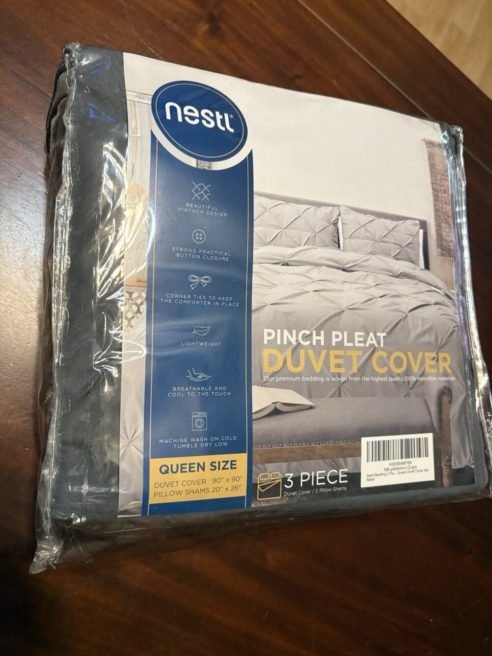 Nestl Pinch Pleat Queen Gray Microfiber Duvet Cover Set 3pc Button Closure